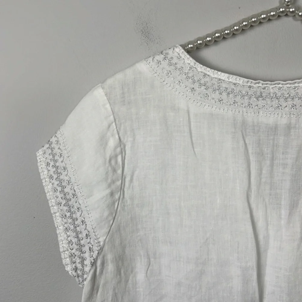 Saint Tropez West White Linen Crochet-Trim Cap Sleeve Top - Picture 6 of 7